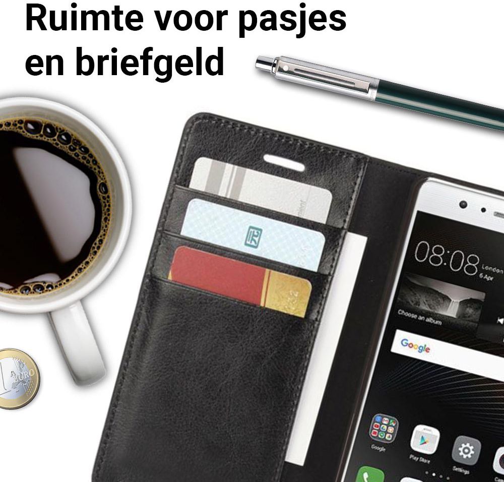 Echt Leren Huawei P9 Lite Bookcase Hoesje Met Pasjes Zwart afbeelding 2