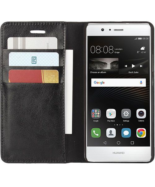 Echt Leren Huawei P9 Lite Bookcase Hoesje Met Pasjes Zwart afbeelding 1