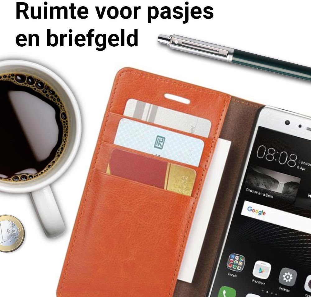Echt Leren Huawei P9 Lite Bookcase Hoesje Met Pasjes Camel afbeelding 2