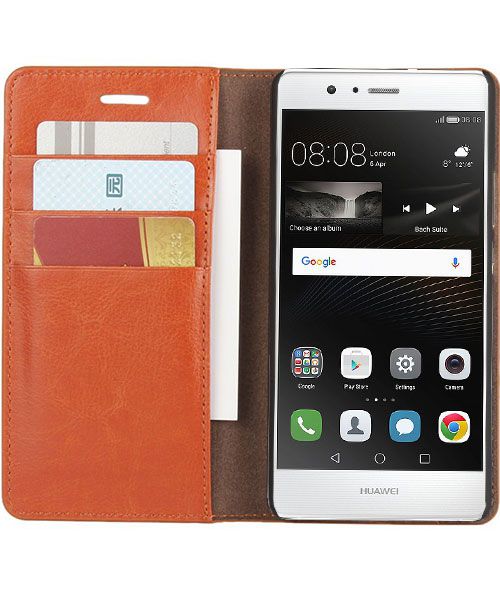 Echt Leren Huawei P9 Lite Bookcase Hoesje Met Pasjes Camel afbeelding 1