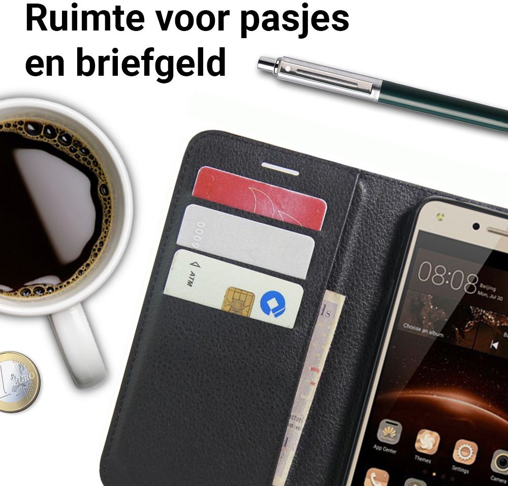 Huawei Y5 2 Portemonnee Hoesje Lychee Zwart afbeelding 2
