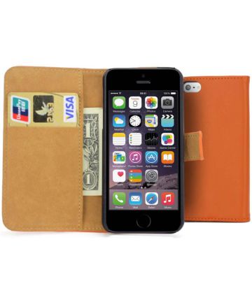 Apple iPhone SE Lederen Wallet Stand Case Oranje Hoesjes
