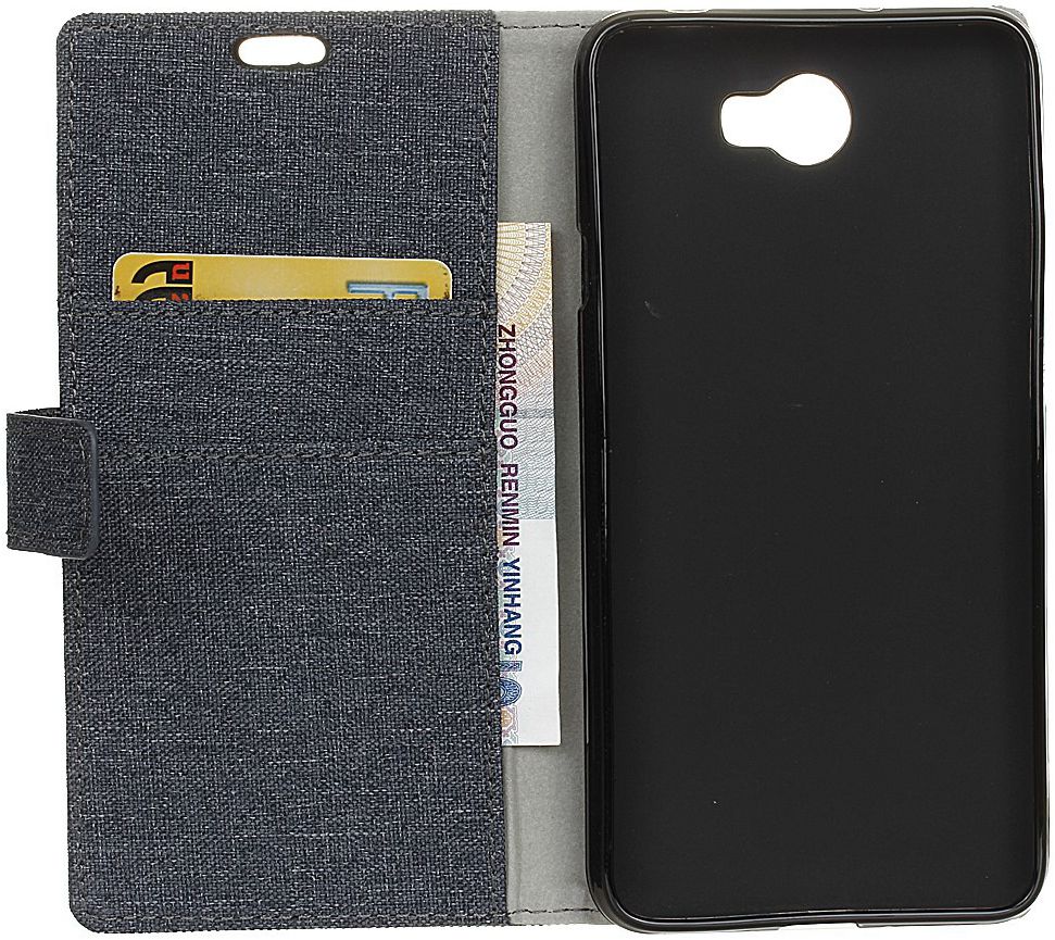 Huawei Y6 II Compact Linnen Portemonnee Hoesje Donker Blauw afbeelding 4