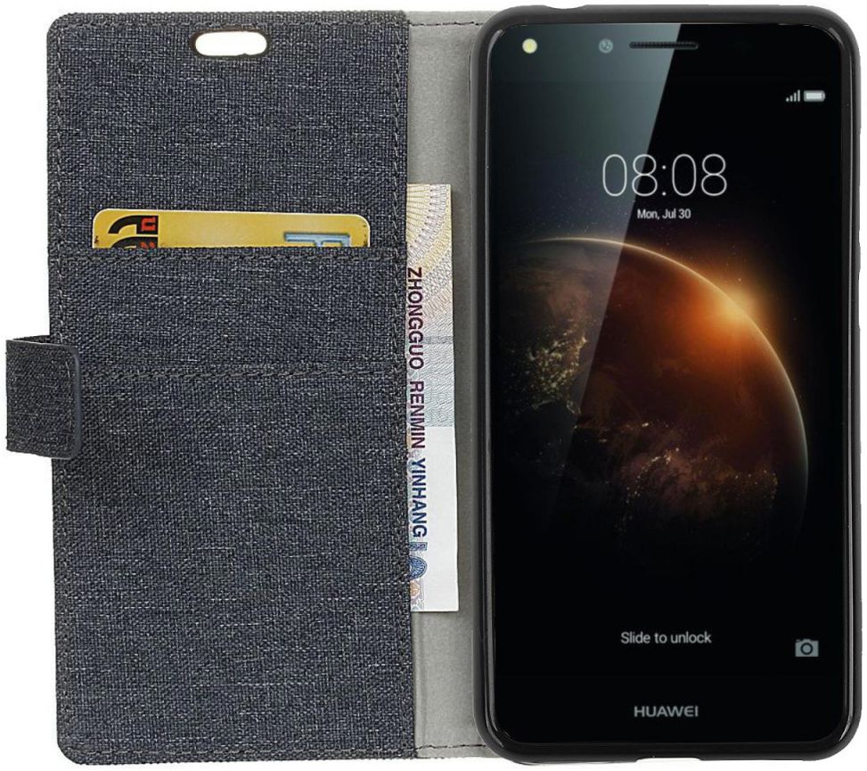 Huawei Y6 II Compact Linnen Portemonnee Hoesje Donker Blauw afbeelding 1