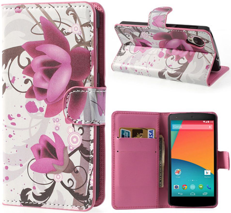 LG Google Nexus 5 Portemonnee Hoesje Paarse Bloemen afbeelding 2