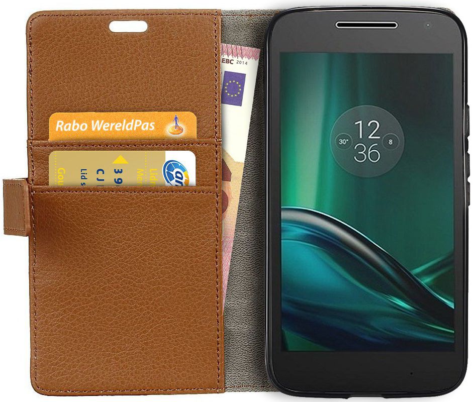 Motorola Moto G4 Play Portemonnee Hoesje Litchi Grain Bruin afbeelding 1