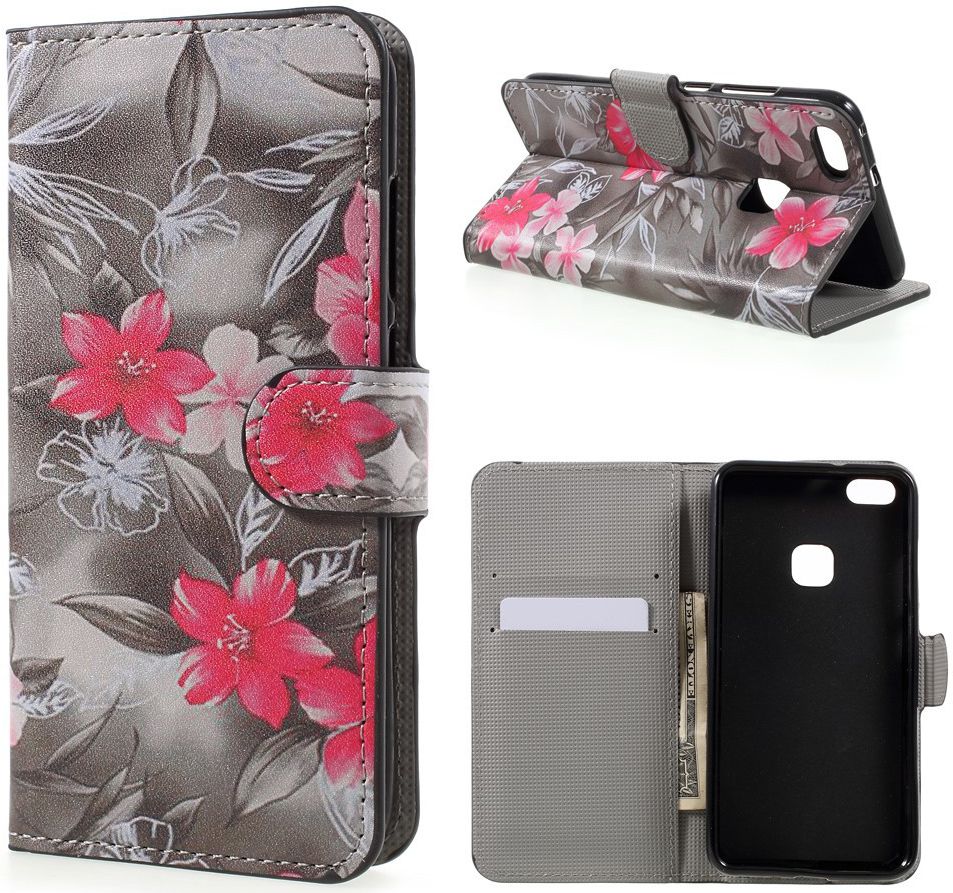 Huawei P10 Lite Portemonnee Hoesje Red Flowers afbeelding 3