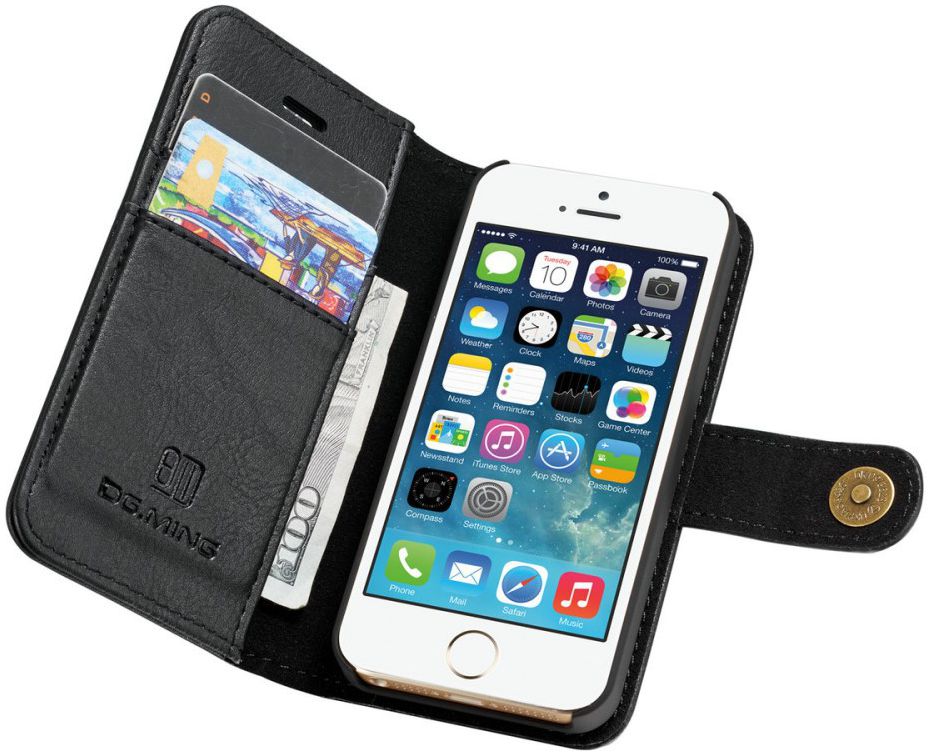 DG Ming Apple iPhone 5/5s/SE Echt Leren Portemonnee Hoesje Zwart afbeelding 1