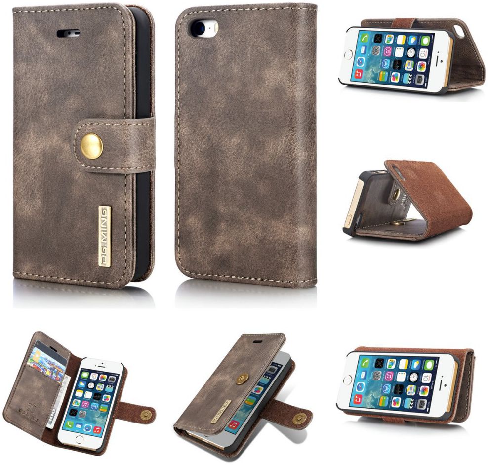 DG Ming Apple iPhone 5/5s/SE Echt Leren Portemonnee Hoesje Coffee afbeelding 3