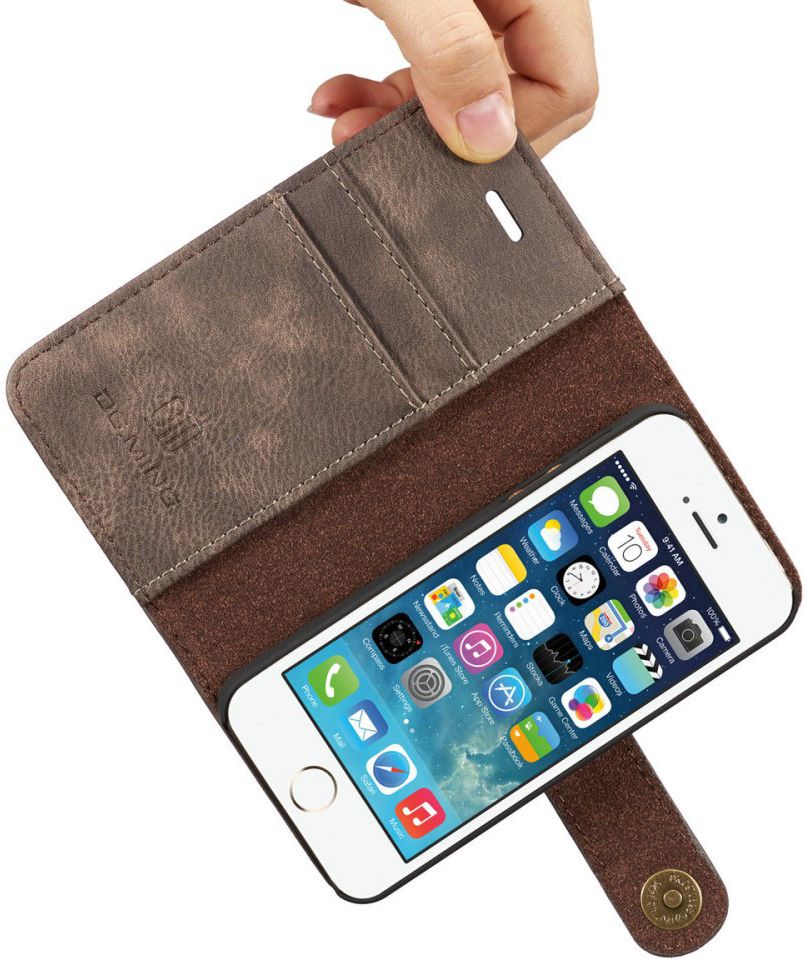 DG Ming Apple iPhone 5/5s/SE Echt Leren Portemonnee Hoesje Coffee afbeelding 4