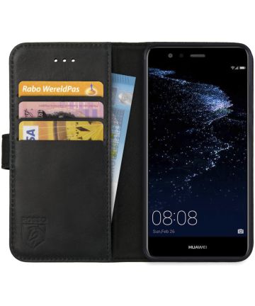 Rosso Deluxe Huawei P10 Lite Hoesje Echt Leer Pasjes Book Case Zwart Hoesjes