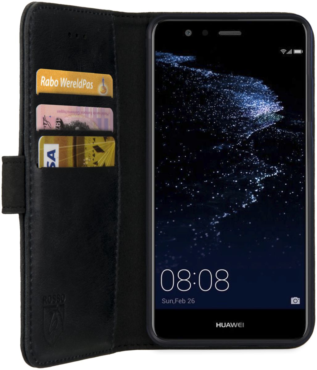 Rosso Deluxe Huawei P10 Lite Hoesje Echt Leer Pasjes Book Case Zwart afbeelding 11