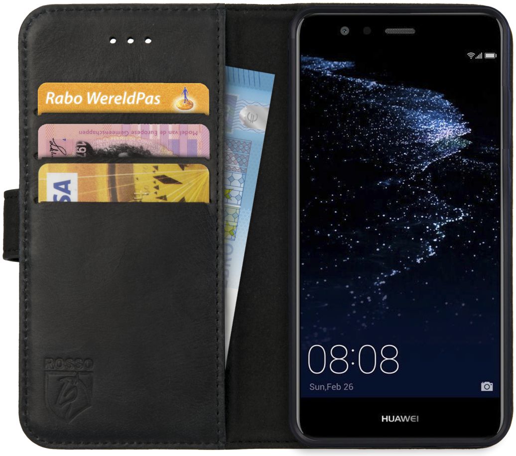 Rosso Deluxe Huawei P10 Lite Hoesje Echt Leer Pasjes Book Case Zwart afbeelding 1