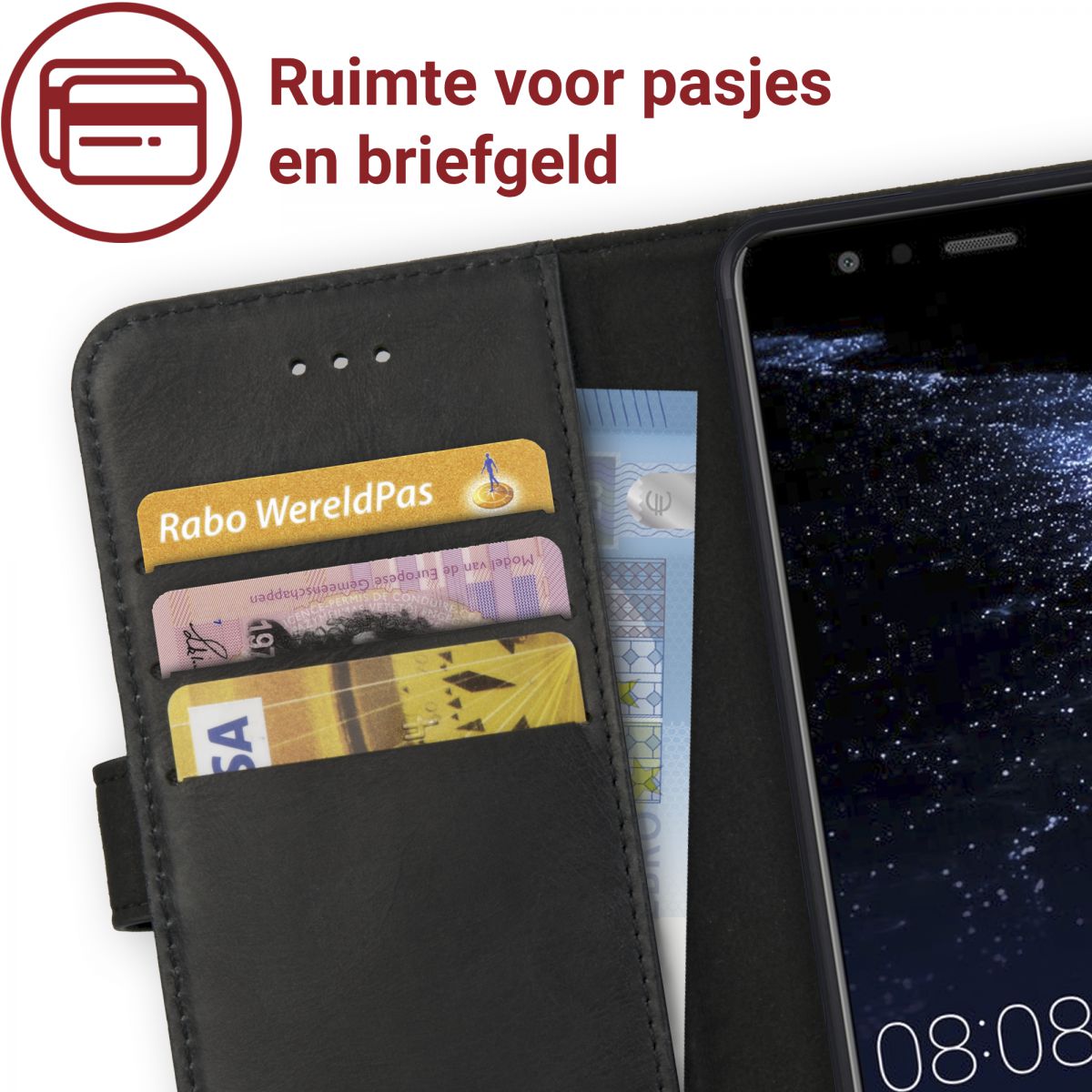 Rosso Deluxe Huawei P10 Lite Hoesje Echt Leer Pasjes Book Case Zwart afbeelding 6