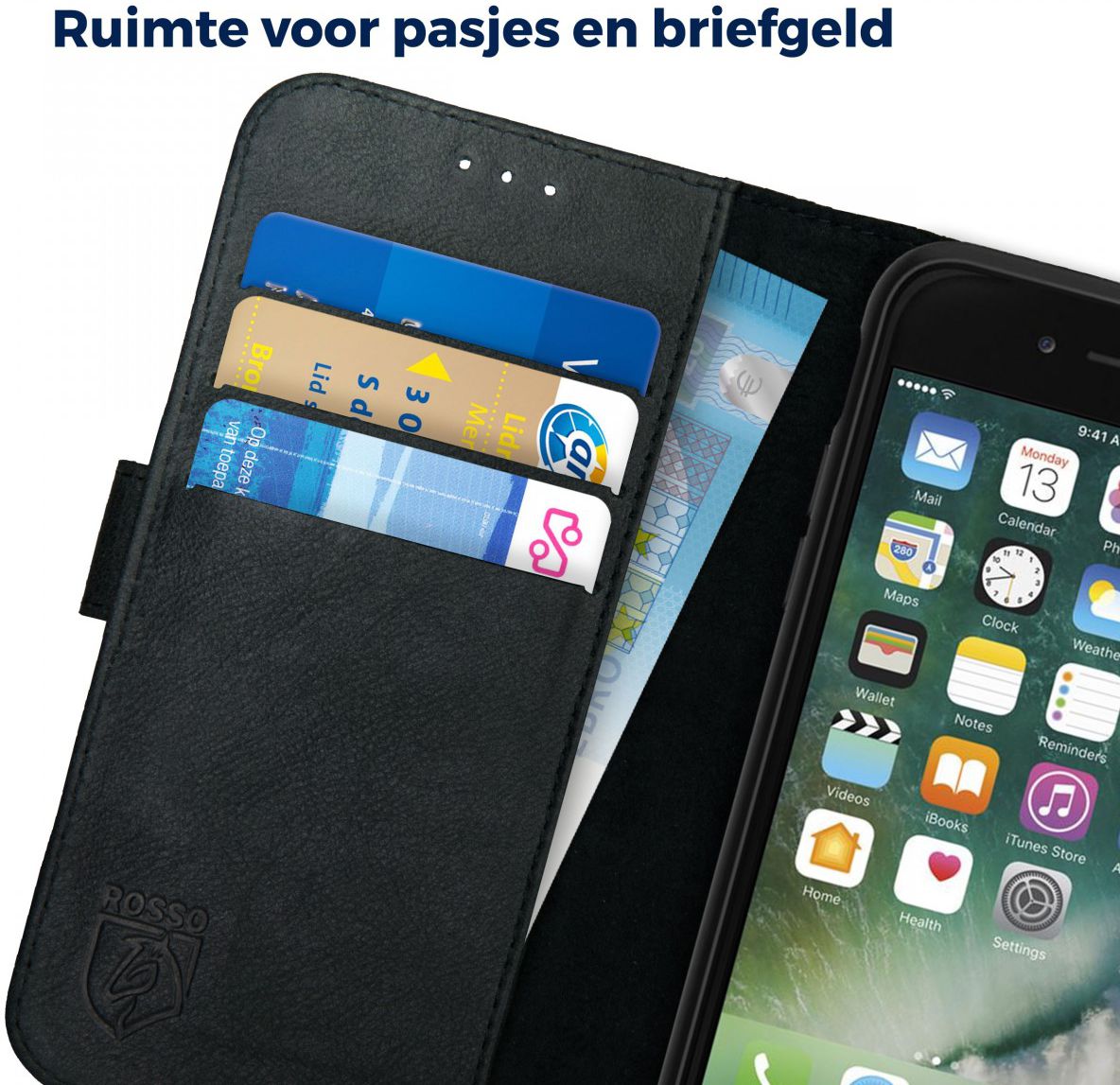 Rosso Deluxe Apple iPhone 7/8 Hoesje Echt Leer Pasjes Book Case Zwart afbeelding 6