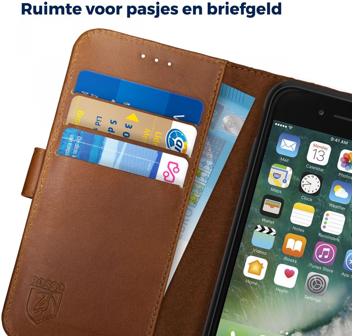 Rosso Deluxe Apple iPhone 7/8 Hoesje Echt Leer Pasjes Book Case Bruin afbeelding 4