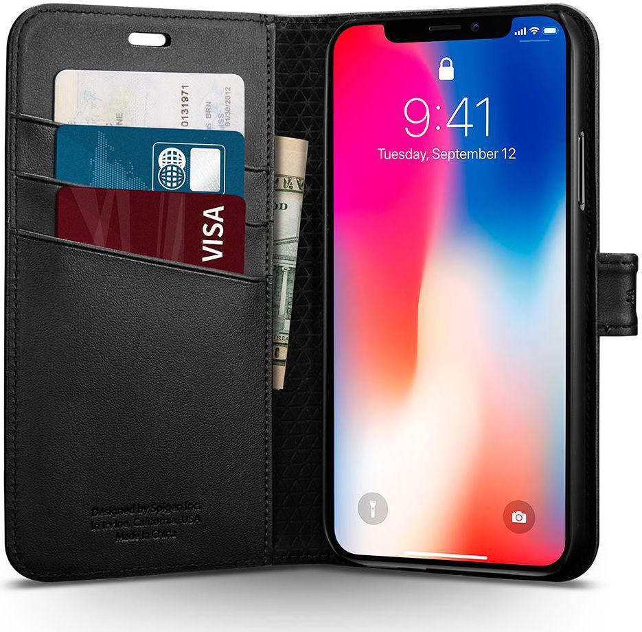 Spigen Wallet S Flip Hoesje Apple iPhone X Zwart Book Cover afbeelding 1
