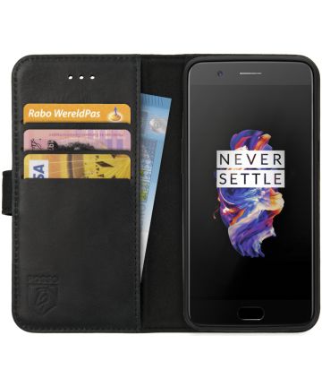Rosso Deluxe OnePlus 5 Hoesje Echt Leer Pasjes Book Case Zwart Hoesjes