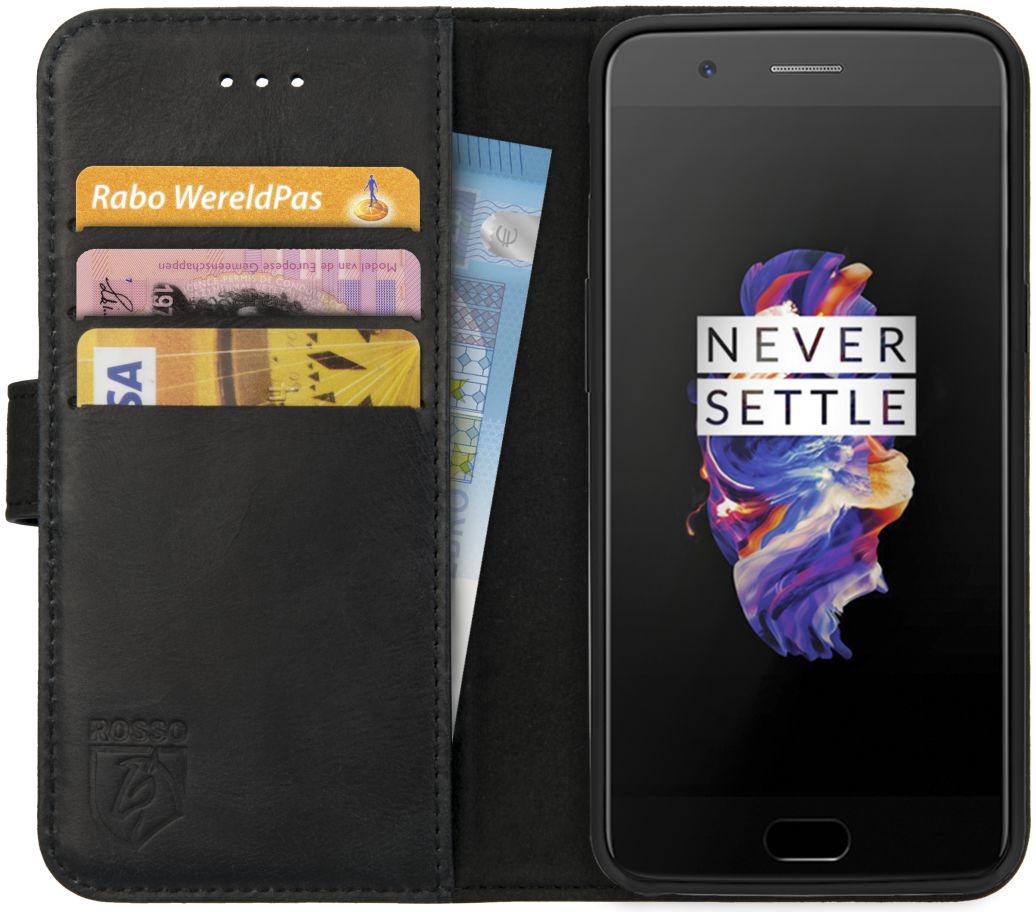Rosso Deluxe OnePlus 5 Hoesje Echt Leer Pasjes Book Case Zwart afbeelding 1