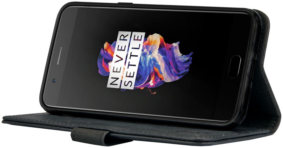 Rosso Deluxe OnePlus 5 Hoesje Echt Leer Pasjes Book Case Zwart afbeelding 2