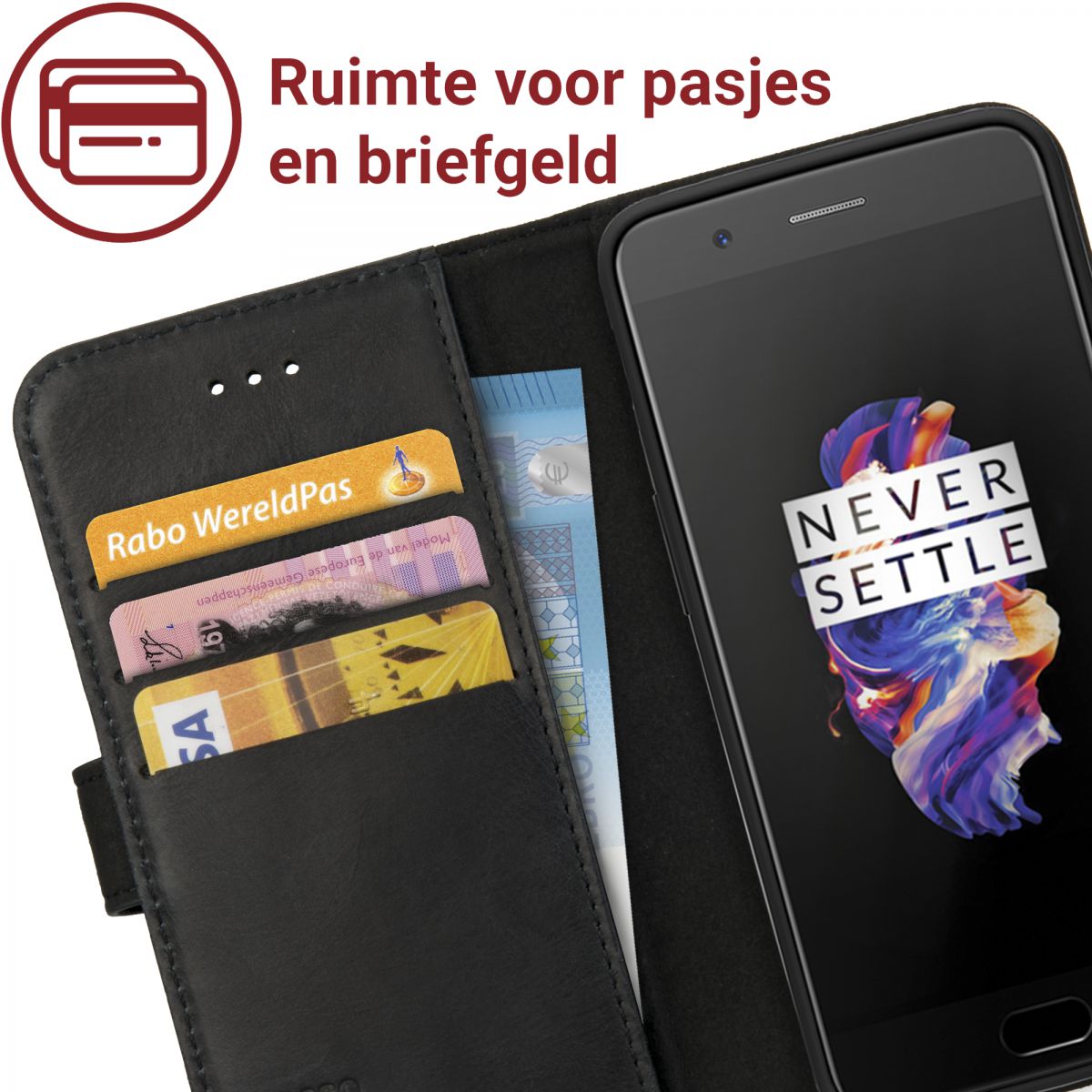 Rosso Deluxe OnePlus 5 Hoesje Echt Leer Pasjes Book Case Zwart afbeelding 6