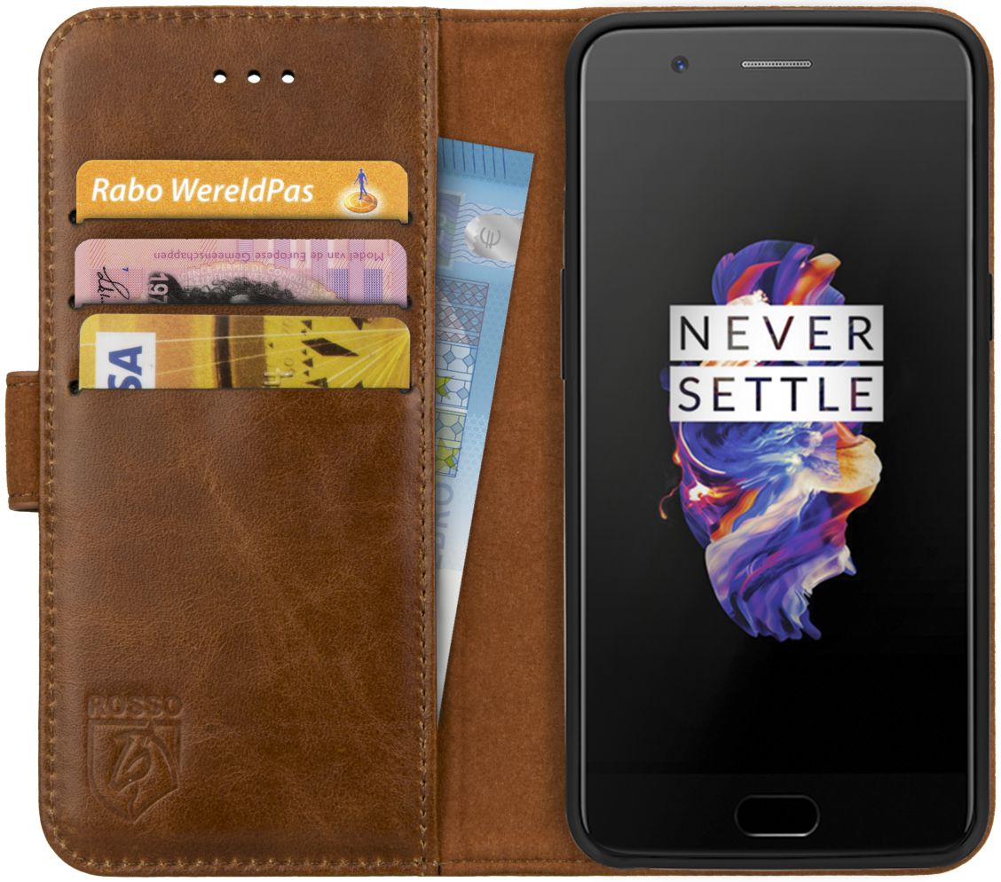Rosso Deluxe OnePlus 5 Hoesje Echt Leer Pasjes Book Case Bruin afbeelding 1