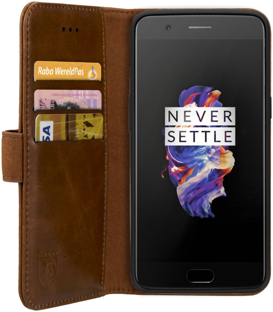 Rosso Deluxe OnePlus 5 Hoesje Echt Leer Pasjes Book Case Bruin afbeelding 6