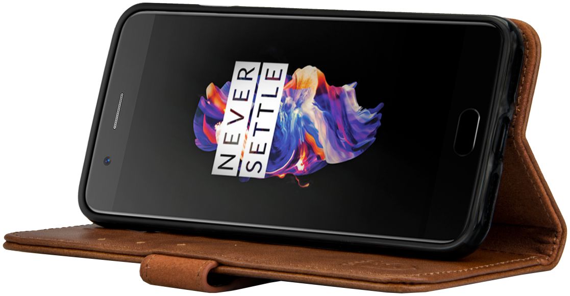 Rosso Deluxe OnePlus 5 Hoesje Echt Leer Pasjes Book Case Bruin afbeelding 2