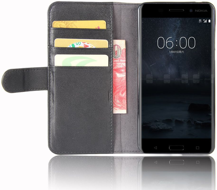 Nokia 6 Portemonnee Hoesje Kunst Leer Zwart afbeelding 1