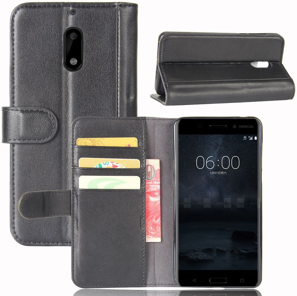 Nokia 6 Portemonnee Hoesje Kunst Leer Zwart afbeelding 3