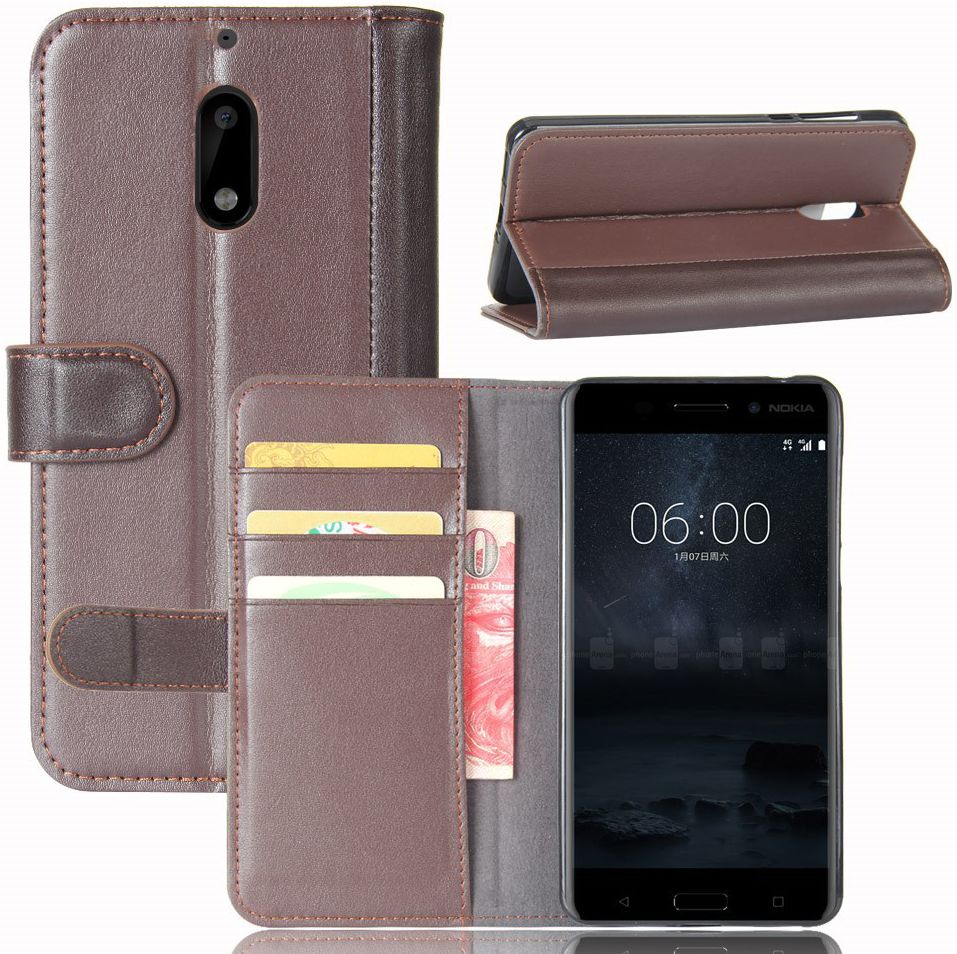 Nokia 6 Portemonnee Hoesje Kunst Leer Bruin afbeelding 3