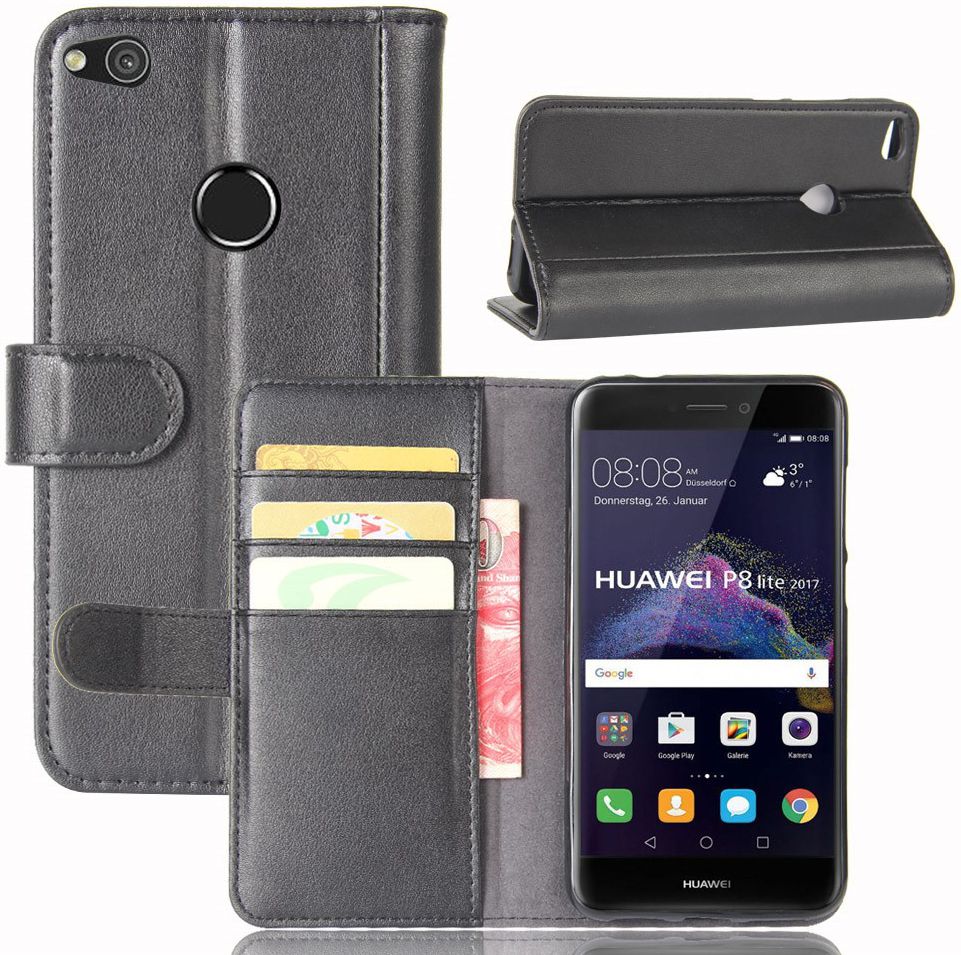 Echt Leren Huawei P8 Lite (2017) Portemonnee Hoesje Zwart afbeelding 4