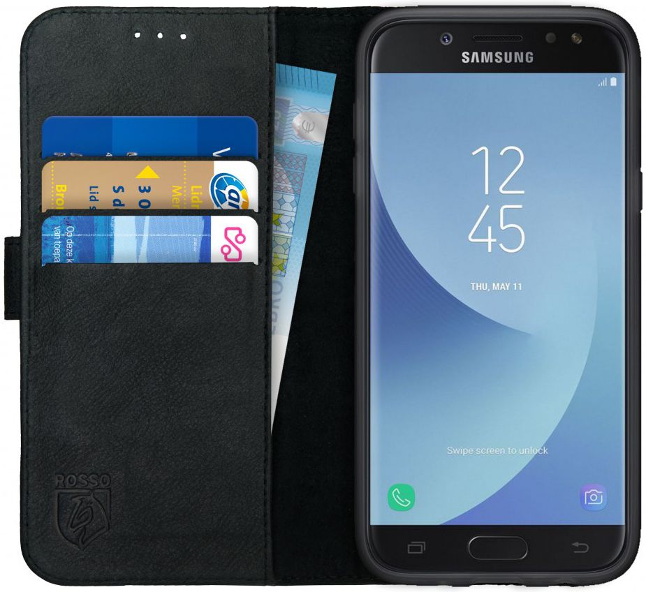 Rosso Deluxe Samsung J5 2017 Hoesje Echt Leer Pasjes Book Case Zwart afbeelding 1