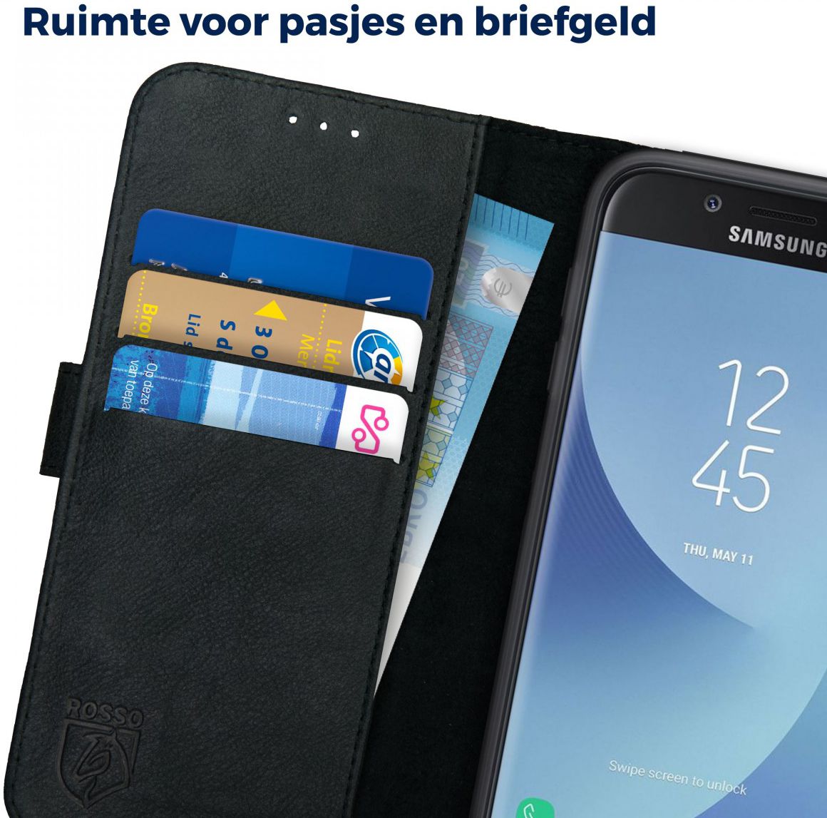 Rosso Deluxe Samsung J5 2017 Hoesje Echt Leer Pasjes Book Case Zwart afbeelding 5