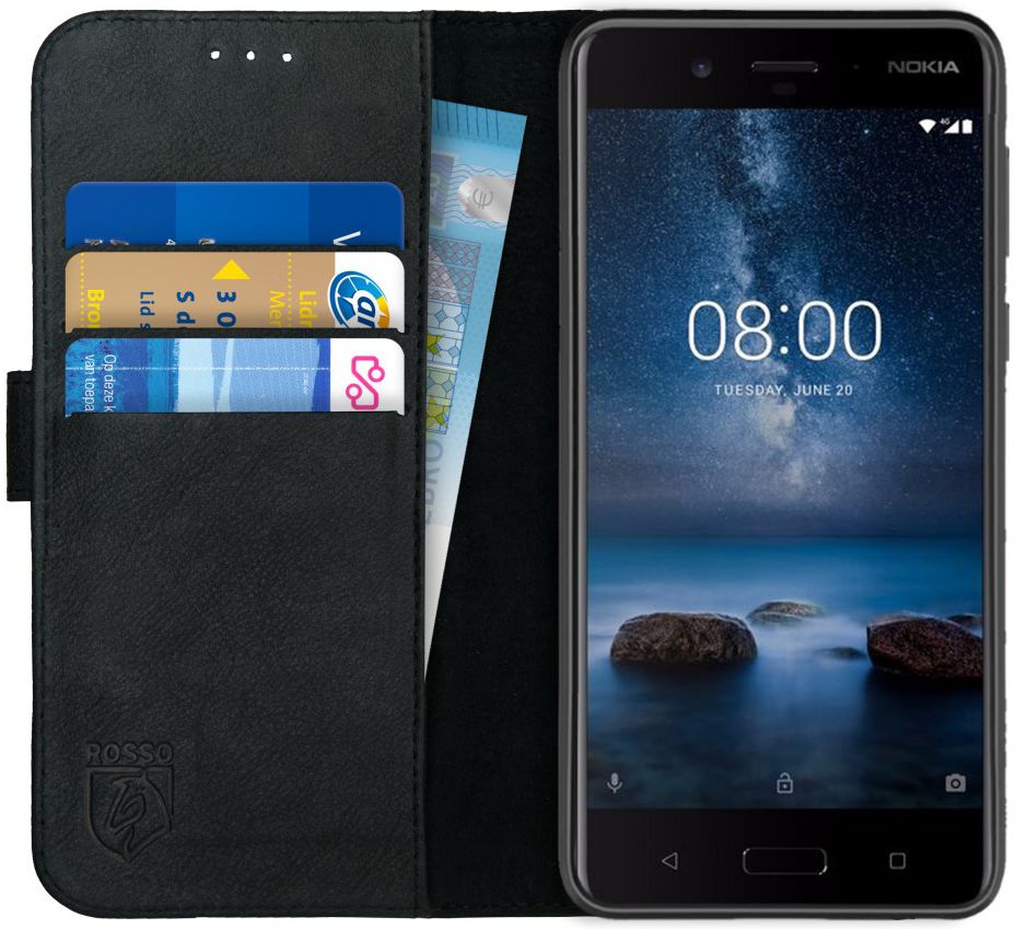 Rosso Deluxe Nokia 8 Hoesje Echt Leer Book Case Zwart afbeelding 1
