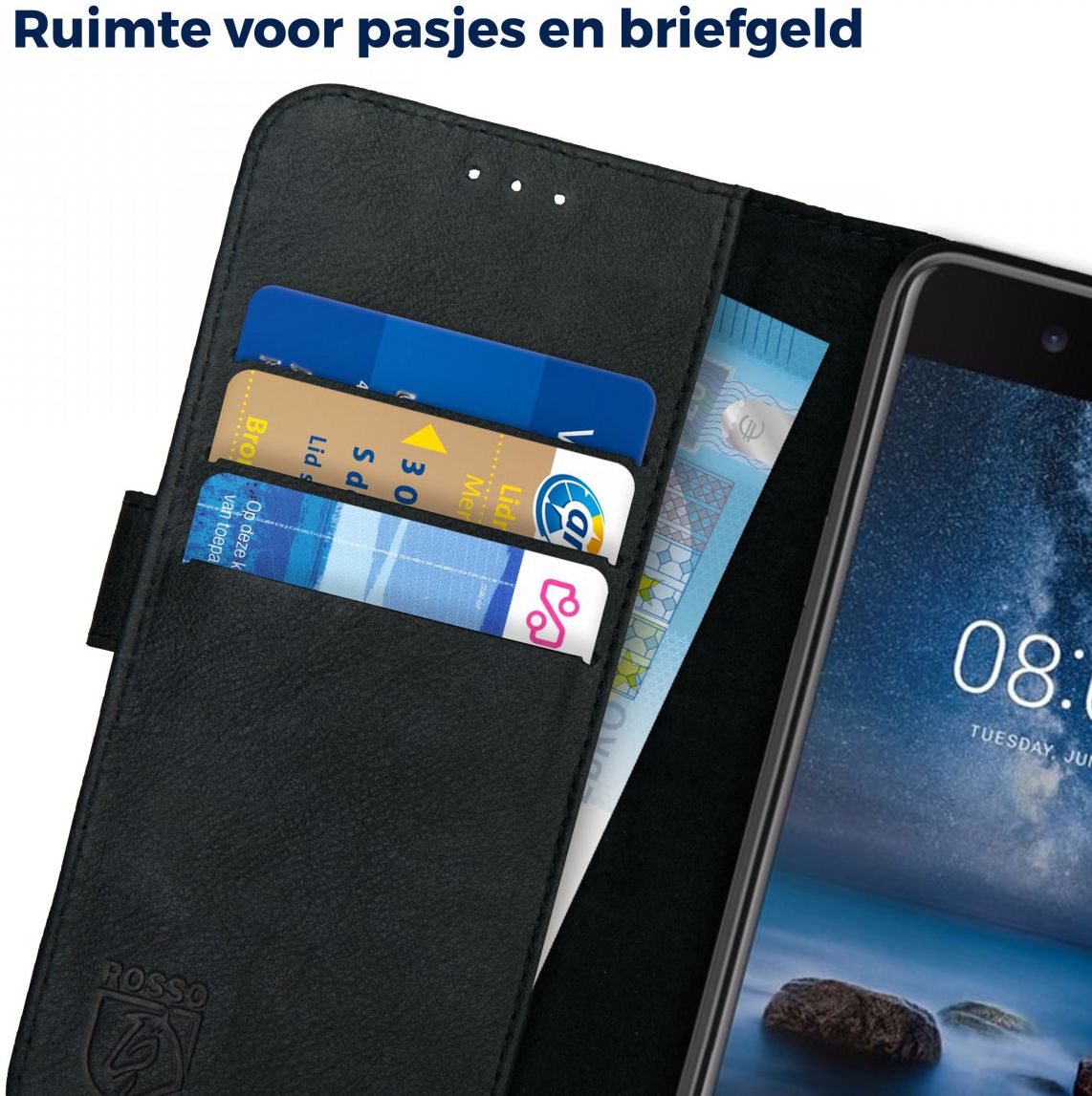 Rosso Deluxe Nokia 8 Hoesje Echt Leer Book Case Zwart afbeelding 6