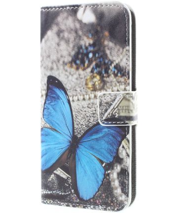 LG Q6 Portemonnee Hoesje met Blauwe Vlinder Print Hoesjes