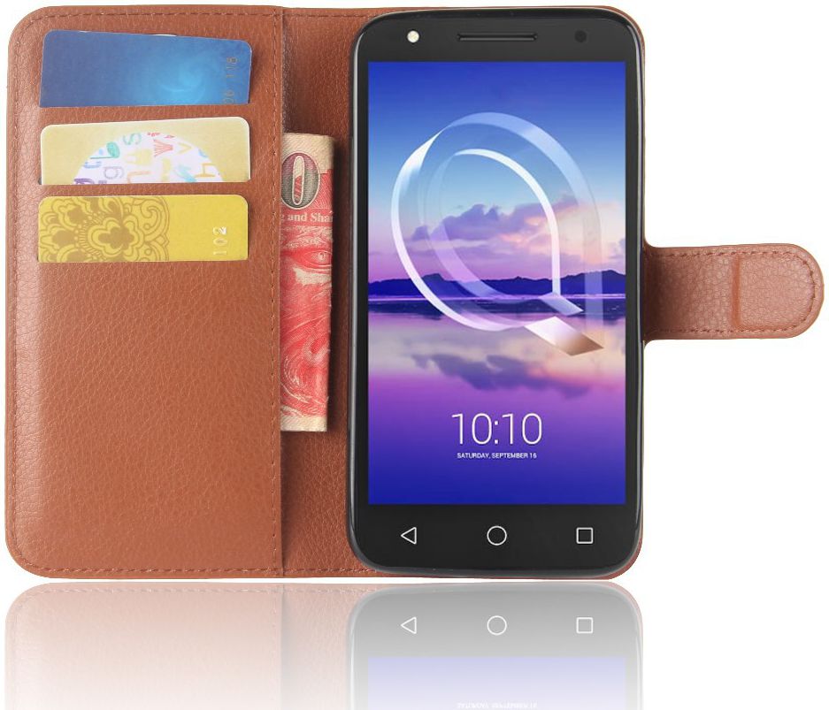 Alcatel U5 4G Portemonnee Hoesje met Lychee Textuur Bruin afbeelding 1