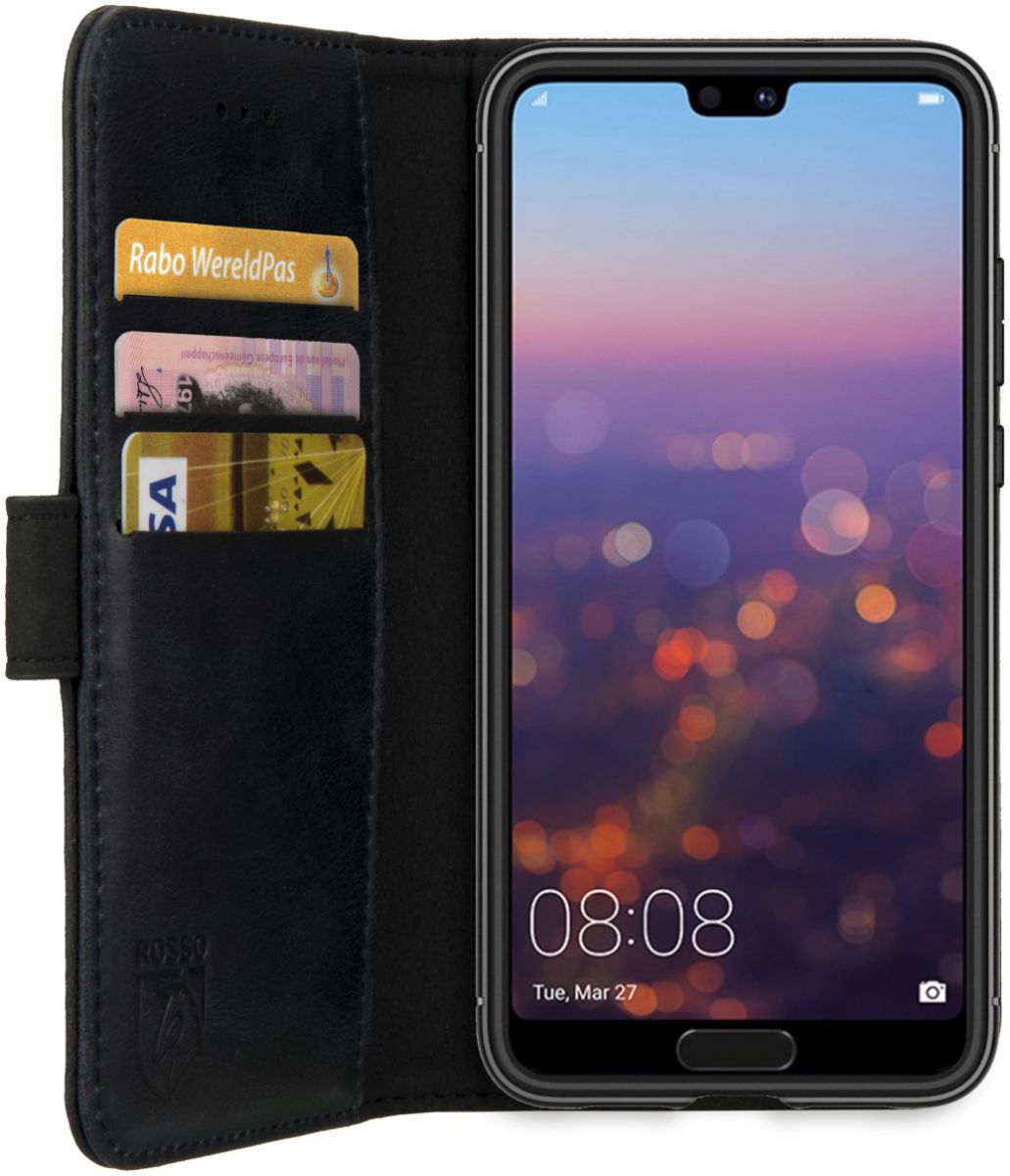 Rosso Deluxe Huawei P20 Hoesje Echt Leer Book Case Zwart afbeelding 5