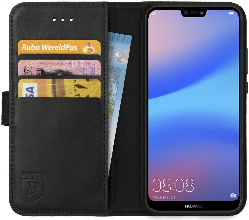 Rosso Deluxe Huawei P20 Lite Hoesje Echt Leer Book Case Zwart afbeelding 1