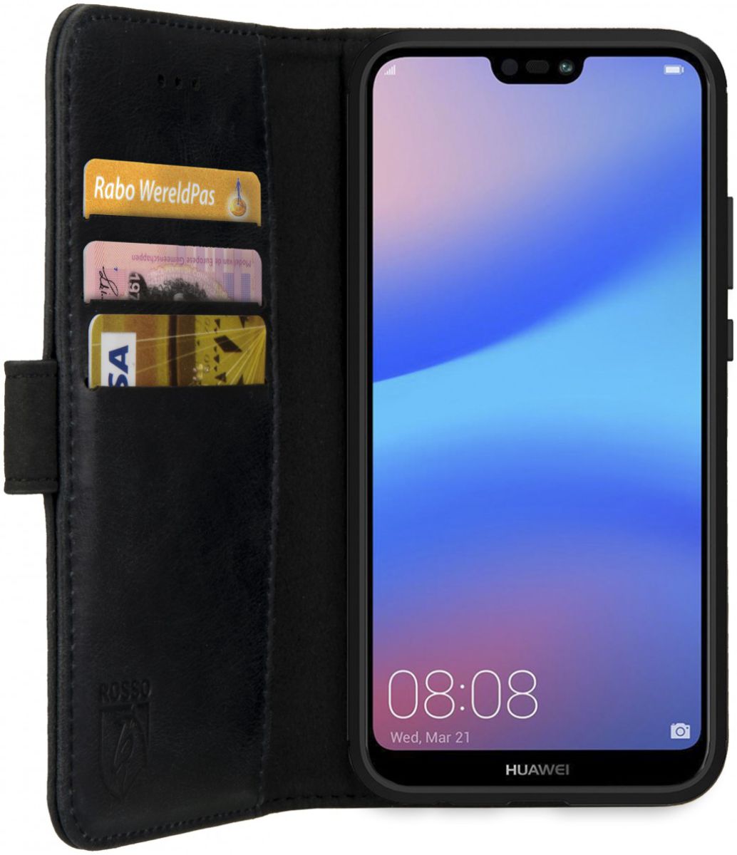 Rosso Deluxe Huawei P20 Lite Hoesje Echt Leer Book Case Zwart afbeelding 5