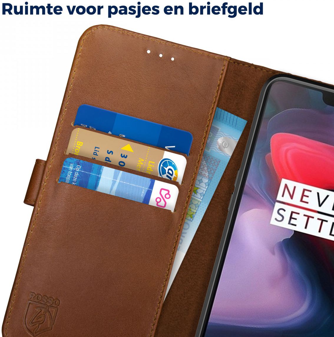 Rosso Deluxe OnePlus 6 Hoesje Echt Leer Book Case Bruin afbeelding 5