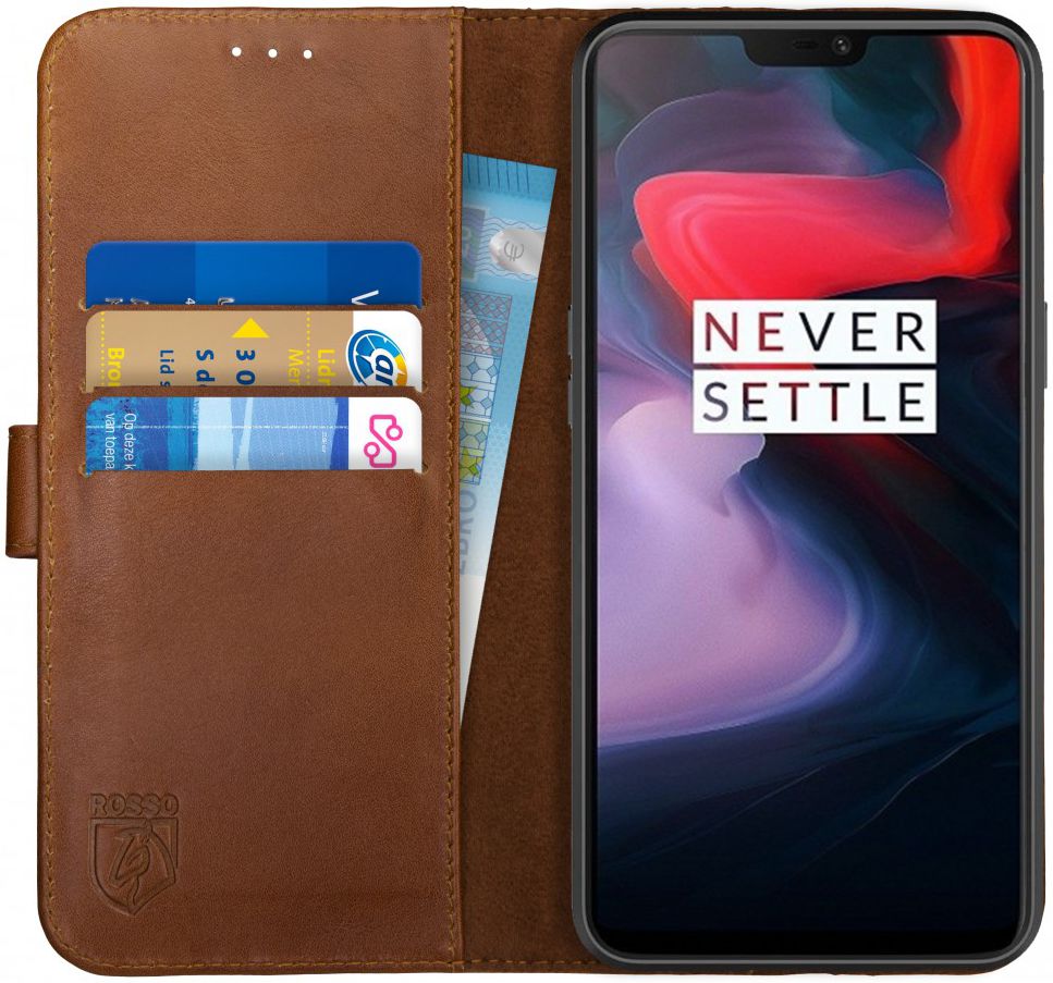 Rosso Deluxe OnePlus 6 Hoesje Echt Leer Book Case Bruin afbeelding 1