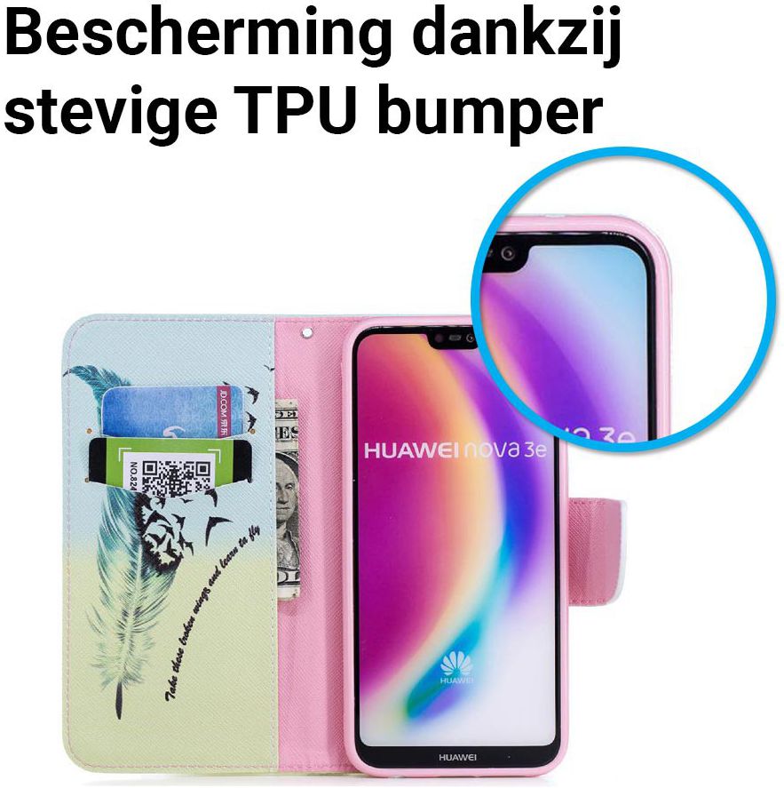 Huawei P20 Lite Portemonnee Hoesje met Feathers Print afbeelding 6