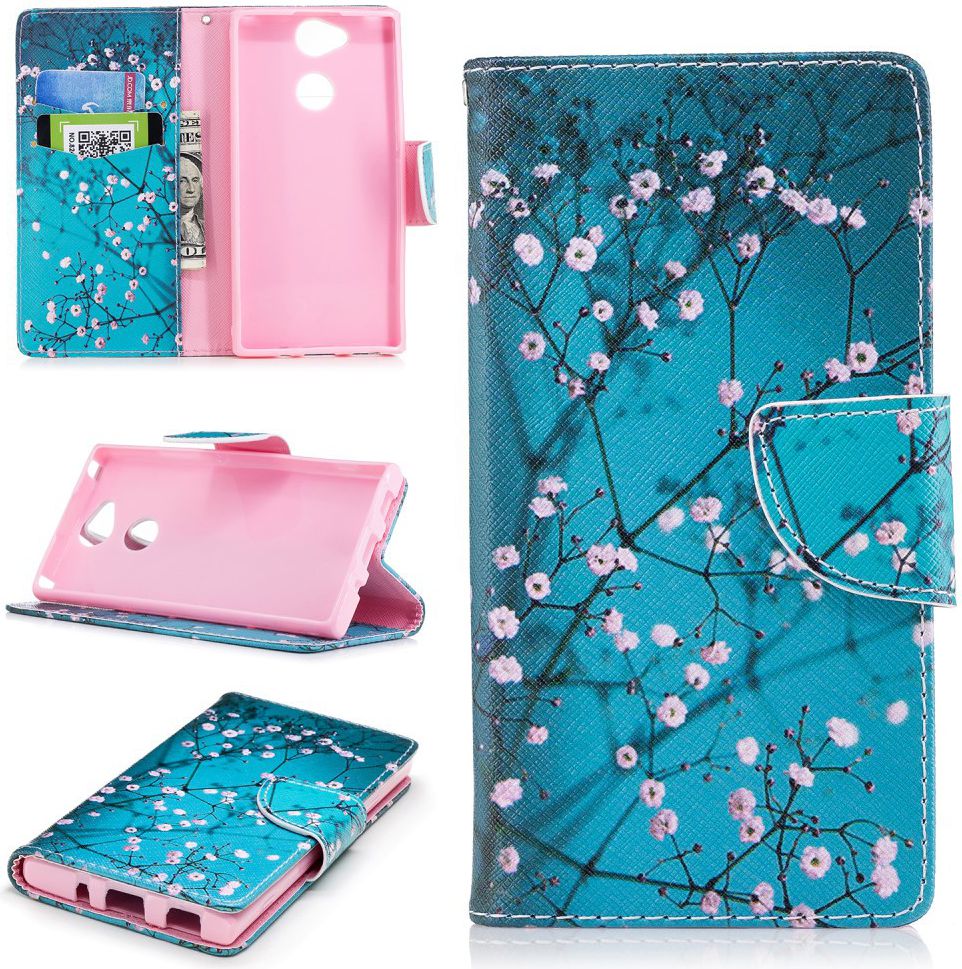 Sony Xperia XA2 Lederen Portemonnee Hoesje met Pink Flowers Print afbeelding 1