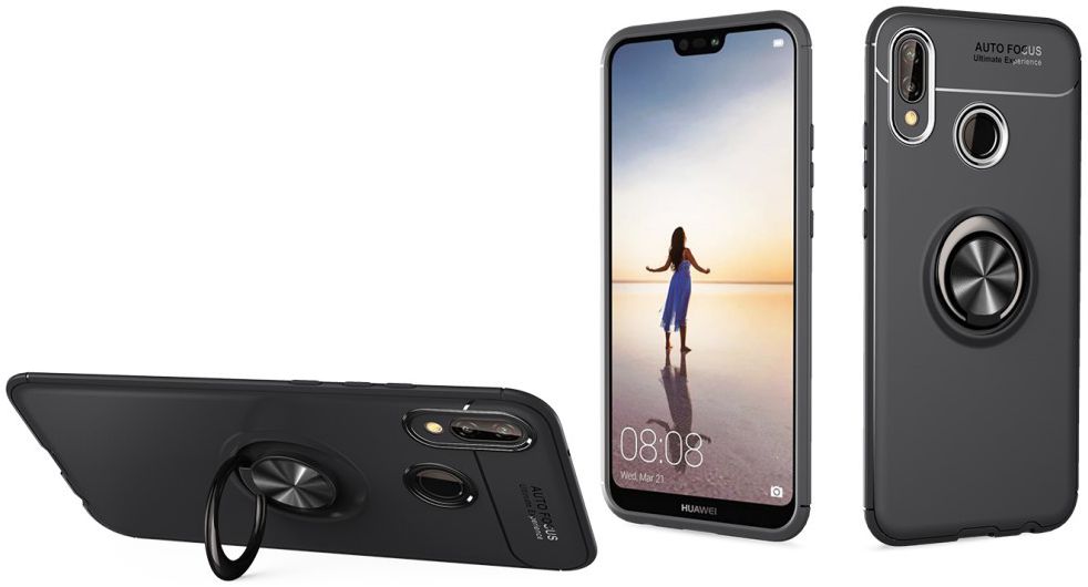 Huawei P20 Lite Backcover Hoesje Houder en Ring Zwart afbeelding 2