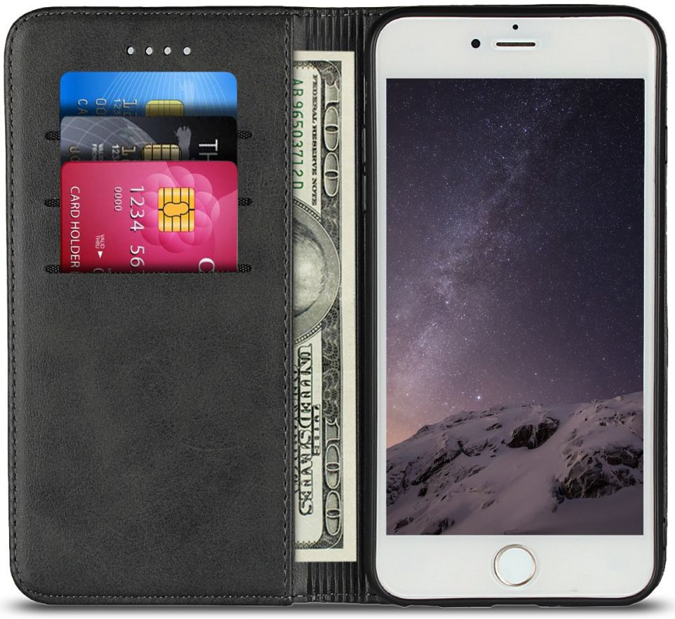Apple iPhone 8 / 7 Hoesje Premium Book Case Kunst Leer Zwart afbeelding 1