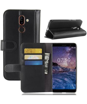 Nokia 7 Plus Echt Lederen Wallet Stand Hoesje Zwart Hoesjes