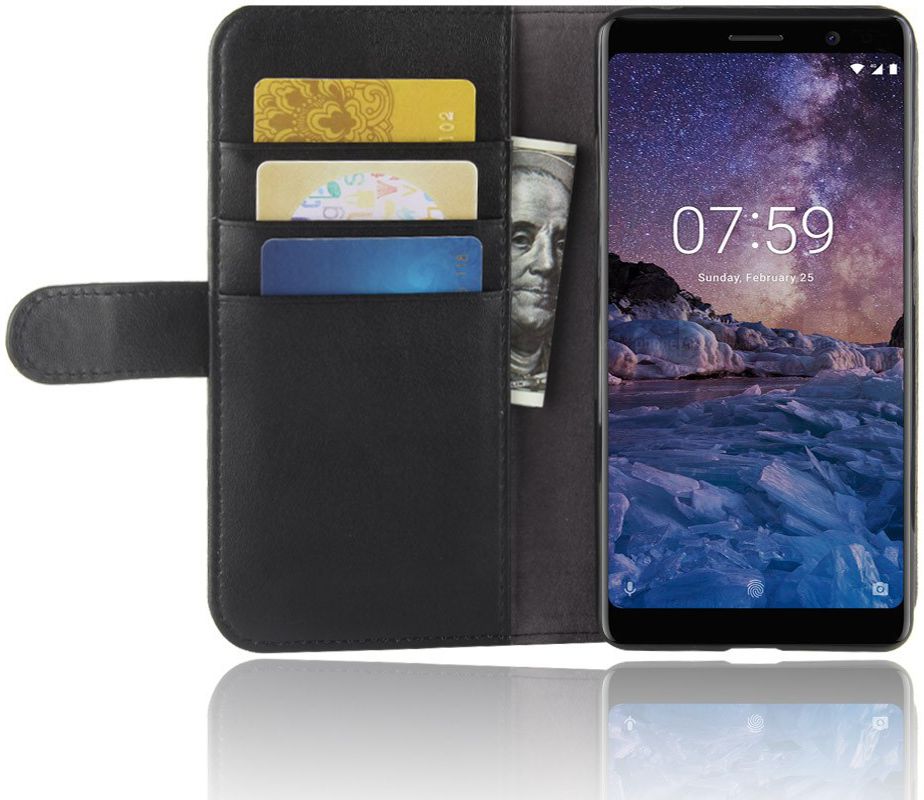 Nokia 7 Plus Echt Lederen Wallet Stand Hoesje Zwart afbeelding 3