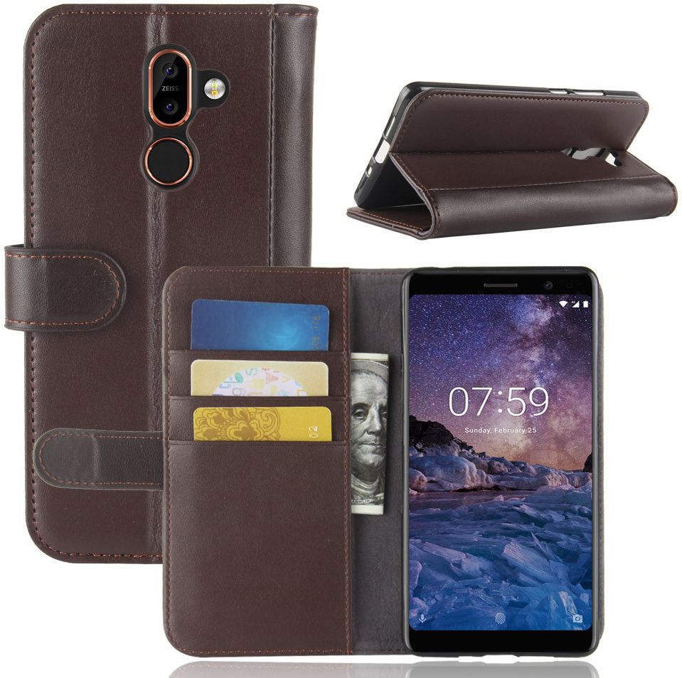 Nokia 7 Plus Echt Lederen Wallet Stand Hoesje Bruin afbeelding 1